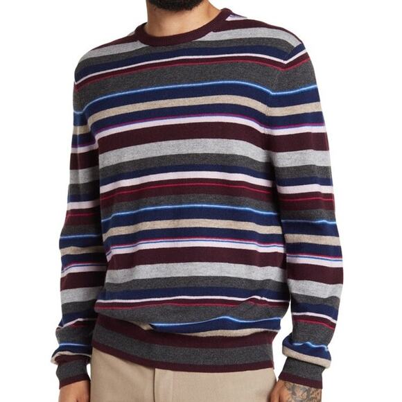 Hickey Freeman Striped Crew Neck Sweater in Wine Cashmere Blend Men's Size M NWT - Picture 1 of 11